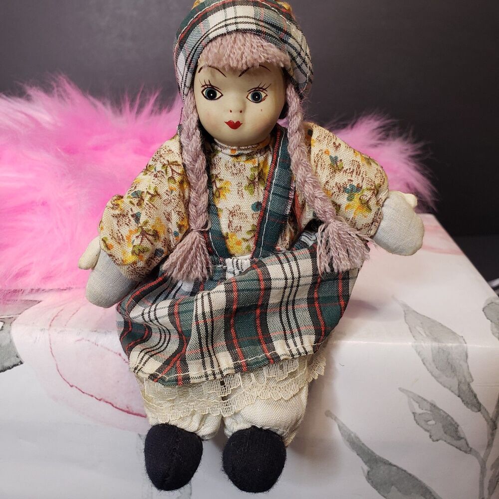 Vintage Springford Inc 5" Shelf Sitter Doll Porcelain Face Country Peasant Girl